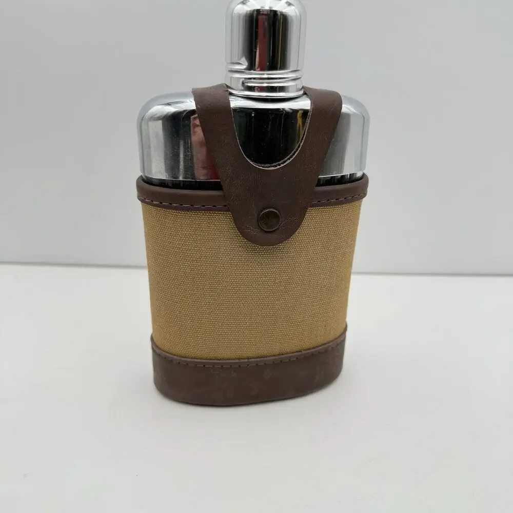 Vintage SWANK Glass Flask‎ Canvas Faux Leather Case Shot Glass Lid EUC